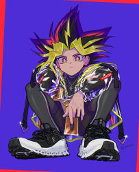 Rule 34 | 1boy, black footwear, black hair, blonde hair, bright pupils, buckle, card, chain, closed mouth, commentary request, full body, glint, highres, holding, holding card, jewelry, koma yoichi, looking at viewer, male focus, millennium puzzle, necklace, orange eyes, purple background, shoes, shorts, smile, sneakers, solo, spiked hair, squatting, twitter username, white pupils, yami yugi, yu-gi-oh!, yu-gi-oh! duel monsters