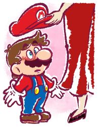 Rule 34 | 1boy, 1girl, big nose, blue eyes, blue overalls, brown eyes, brown footwear, brown hair, buttons, donkey kong (1981 game), donkey kong (series), dress, facial hair, gloves, hat, height difference, highres, jiggidyjakes, long sleeves, looking at another, looking up, makeup, mario, mario (series), mustache, nintendo, no socks, open hands, out of frame, overalls, parted lips, pauline (mario), pink background, red dress, red headwear, red shirt, shirt, shoes, standing, thick eyebrows, white background, white gloves