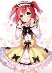 Rule 34 | 1girl, apron, aqua eyes, artist name, artist request, black bow, blush, bow, bowtie, breasts, buttons, clenched hand, collared dress, dress, female focus, frilled dress, frilled shirt collar, frilled skirt, frills, green eyes, hair between eyes, hairband, kurosawa ruby, long sleeves, looking at viewer, love live!, love live! school idol festival, love live! sunshine!!, maid, maid apron, maid headdress, miniskirt, parted lips, plaid, plaid dress, plaid skirt, pleated, pleated dress, pleated skirt, puffy long sleeves, puffy sleeves, red hair, short hair, skirt, smile, solo, twintails, two side up, white background, white hairband, white skirt, white wrist cuffs, wing collar, wrist cuffs, yellow dress, yellow skirt
