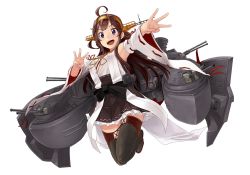 Rule 34 | 10s, 1girl, ahoge, black footwear, black thighhighs, boots, brown eyes, brown hair, detached sleeves, hairband, headgear, japanese clothes, kantai collection, kongou (kancolle), looking at viewer, nontraditional miko, open mouth, outstretched arm, rigging, sketch, skirt, smile, solo, thigh boots, thighhighs, watanore, white background, wide sleeves, zettai ryouiki