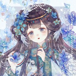 Rule 34 | 1girl, aqua collar, blue background, blue eyes, blue flower, blue robe, blunt bangs, brown hair, chinese clothes, chinese text, dangle earrings, earrings, english text, eyelashes, feather hair ornament, feathers, flower, flower request, hair flower, hair ornament, hair rings, hanfu, head tilt, hehe qishui, high collar, holding, holding flower, holding own hair, jewelry, light blush, lipstick, long hair, long sleeves, makeup, mixed-language text, mole, mole under eye, orange nails, original, parted lips, red lips, robe, sample watermark, sidelocks, smile, solo, source request, straight hair, third-party source, upper body, watermark, weibo logo, weibo watermark, wide sleeves