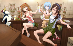 Rule 34 | 00s, 3girls, ayanami rei, bare shoulders, bird, blouse, blue hair, evangelion: 2.0 you can (not) advance, food, glasses, happy, highres, indoors, legs, long hair, long legs, makinami mari illustrious, multiple girls, neon genesis evangelion, one eye closed, open mouth, overall shorts, overalls, penguin, penpen, plate, rebuild of evangelion, shirt, short hair, sitting, smile, souryuu asuka langley, striped clothes, striped shirt, toasting (gesture), toshi (anime coloring), white shirt, wink, wooden floor