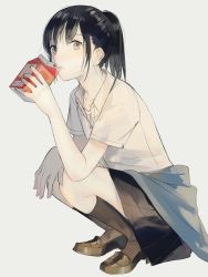 Rule 34 | black hair, black socks, clothes around waist, drinking, full body, grey background, grey eyes, highres, kneehighs, loafers, looking at viewer, original, ponytail, shoes, short sleeves, simple background, skirt, socks, solo, squatting, vient