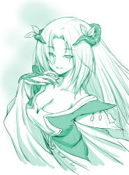 Rule 34 | 00s, 1girl, breasts, cleavage, collarbone, dress, evil smile, fingernails, fresh precure!, green theme, hand on own chest, horns, kazuma muramasa, large breasts, long fingernails, long hair, monochrome, northa (fresh precure!), parted lips, precure, sketch, smile, solo