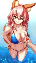 Rule 34 | 1boy, 1girl, absurdres, animal ear fluff, animal ears, bikini, blue bikini, grabbing another&#039;s breast, breasts, collarbone, command spell, fang, fate/grand order, fate (series), fox ears, fox girl, fox tail, grabbing, groin, guided breast grab, guiding hand, hand on breast, hand on own hip, highres, large breasts, lips, long hair, looking at viewer, navel, ocean, outdoors, partially submerged, pink hair, pov, side-tie bikini bottom, smile, swimsuit, tail, tamamo (fate), tamamo no mae (fate/extra), tamamo no mae (swimsuit lancer) (fate), water, yellow eyes, zantyarz