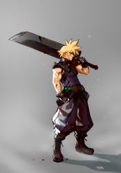 Rule 34 | 1boy, armor, bad id, bad tumblr id, baggy pants, blonde hair, blood, bloody weapon, blue eyes, boots, buster sword, clenched hand, cloud strife, combat boots, commentary, english commentary, final fantasy, final fantasy vii, fingerless gloves, from side, full body, gloves, grey background, highres, huge weapon, male focus, manly, muscular, optionaltypo, over shoulder, pants, pauldrons, scar, shoulder armor, single pauldron, sleeveless, sleeveless turtleneck, solo, spiked hair, square enix, standing, turtleneck, weapon, weapon over shoulder