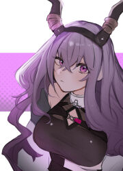 1girl arknights bare_shoulders black_hairband black_horns black_shirt breasts dddddvkoko fake_horns hairband horn_hairband horns jacket large_breasts long_hair long_sleeves looking_at_viewer off_shoulder purple_eyes purple_hair shirt solo typhon_(arknights) upper_body white_jacket