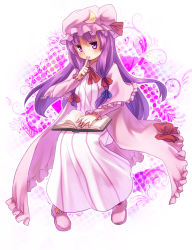 Rule 34 | 1girl, blue ribbon, book, bow, capelet, crescent, dress, finger to mouth, frilled capelet, frills, fujiymn, full body, hair ribbon, hat, hat ornament, index finger raised, long hair, long sleeves, looking at viewer, mob cap, open book, patchouli knowledge, pink capelet, pink dress, pink footwear, pink hat, purple eyes, purple hair, red bow, red ribbon, ribbon, shoes, sitting, solo, straight hair, striped clothes, striped dress, touhou, tress ribbon, vertical-striped clothes, vertical-striped dress, very long hair