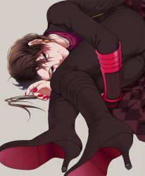 Rule 34 | 10s, 1boy, bad id, bad pixiv id, boots, brown hair, earrings, fetal position, grey background, high heel boots, high heels, holding legs, jewelry, kashuu kiyomitsu, lips, looking at viewer, lying, male focus, mole, mole under mouth, nail polish, on side, ponytail, red eyes, red nails, shiromayu, simple background, single earring, smile, solo, touken ranbu