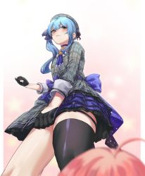 Rule 34 | 2girls, :&lt;, angry, asymmetrical hair, asymmetrical legwear, belt, beret, black gloves, black legwear, blue belt, blue bow, blue eyes, blue hair, blue legwear, blue necktie, blue skirt, bow, choker, clenched hand, coattails, covering crotch, covering privates, eredhen, feet out of frame, fingerless gloves, flat chest, from below, gloves, grey headwear, grey jacket, grey skirt, hair between eyes, hat, hat ribbon, highres, hololive, hoshimachi suisei, hoshimachi suisei (1st costume), jacket, layered skirt, miniskirt, multiple girls, necktie, plaid, plaid headwear, plaid jacket, plaid skirt, ribbon, sakura miko, short necktie, side ponytail, simple background, skirt, star (symbol), star choker, striped ribbon, thighhighs, virtual youtuber