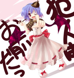 Rule 34 | 1girl, :d, blue hair, detective, dress, female focus, hat, holding, holding smoking pipe, makino (ukiuo), open mouth, pointing, pointing at viewer, red eyes, remilia scarlet, smile, smoking pipe, solo, touhou, wings