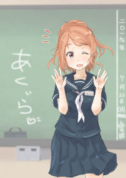 Rule 34 | ;d, alternate costume, aquila (kancolle), brown eyes, chalkboard, character name, cowboy shot, dated, fyuo, hair ornament, hairclip, high ponytail, highres, kantai collection, long hair, name tag, neckerchief, one eye closed, open mouth, orange hair, pleated skirt, school uniform, serafuku, skirt, smile, wavy hair, white neckerchief