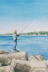 Rule 34 | 1boy, day, fishing, fishing rod, highres, holding, holding fishing rod, horizon, miyuchan777, ocean, original, painting (medium), shore, solo, traditional media, water, watercolor (medium)