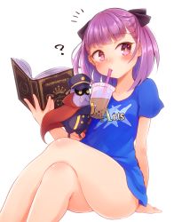 Rule 34 | 1girl, ?, arts shirt, book, bottomless, bubble tea challenge, colonel olcott (fate), commentary, crossed legs, cup, disposable cup, drinking straw, drinking straw in mouth, fate/grand order, fate (series), hair ribbon, harupippo, helena blavatsky (fate), highres, holding, holding book, holding cup, naked shirt, purple eyes, purple hair, ribbon, shirt, short hair, short sleeves, sidelocks, simple background, sitting, t-shirt, white background