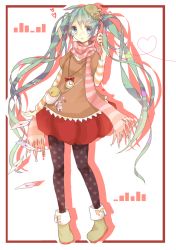 Rule 34 | 1girl, bad id, bad pixiv id, bag, blue eyes, clock, earmuffs, envelope, female focus, green hair, hair ornament, hairclip, handbag, hat, hatsune miku, heart, jewelry, letter, long hair, love letter, necklace, open mouth, pantyhose, patterned legwear, pigeon-toed, print pantyhose, rabbit, scarf, skirt, solo, star (symbol), star print, striped clothes, striped scarf, twintails, very long hair, vocaloid