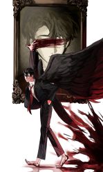 Rule 34 | 1boy, arm up, barefoot, black hair, black jacket, black pants, black wings, blood, blood on feet, blood on hands, blood splatter, closed mouth, commentary, demon horns, english commentary, feathered wings, formal, frown, full body, hand in pocket, highres, horns, jacket, kim dokja, long sleeves, looking at viewer, male focus, necktie, omniscient reader&#039;s viewpoint, open clothes, open jacket, painting (object), pants, picture frame, portrait (object), red necktie, short hair, simple background, ssssyoon, standing, suit, suit jacket, white background, wings, yoo joonghyuk