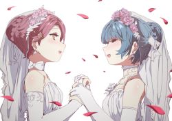 Rule 34 | 2girls, bare shoulders, blue hair, blush, braid, breasts, bridal veil, bride, choker, cleavage, dress, earrings, ecoman, elbow gloves, closed eyes, female focus, flower, gloves, hair flower, hair ornament, hairclip, holding hands, highres, jewelry, looking at another, love live!, love live! sunshine!!, multiple girls, open mouth, petals, red hair, ring, sakurauchi riko, simple background, small breasts, smile, tsushima yoshiko, veil, wedding, wedding band, wedding dress, white dress, white gloves, wife and wife, yellow eyes, yuri