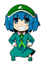 Rule 34 | 1girl, blue eyes, blue hair, chibi, hair bobbles, hair ornament, hands on own hips, hat, kawashiro nitori, key, matching hair/eyes, ryuu (multitask), short hair, simple background, smile, solo, touhou, twintails, two side up, white background