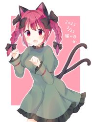 Rule 34 | 1girl, animal ears, black bow, blush, border, bow, braid, breasts, cat day, cat ears, cat tail, cowboy shot, dress, extra ears, fang, green dress, hair bow, hair intakes, hands up, highres, juliet sleeves, kaenbyou rin, long hair, long sleeves, looking at viewer, medium breasts, multiple tails, nekomata, open mouth, outer glow, outside border, paw pose, petticoat, pink background, pointy ears, puffy sleeves, red eyes, red hair, sashimi irasuto, simple background, skin fang, sleeves past elbows, solo, tail, touhou, twin braids, twintails, two tails, white border, wide sleeves