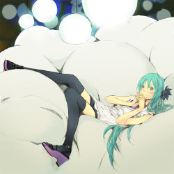 Rule 34 | bad id, bad pixiv id, black feathers, black thighhighs, blouse, blue eyes, blue hair, blush, feather hair ornament, feathers, hair down, hair ornament, hatsune miku, interlocked fingers, long hair, lying, own hands together, pillow, shirt, smile, solo, thighhighs, vocaloid, white shirt, world is mine (vocaloid), yoshito