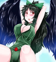 Rule 34 | 1girl, alternate costume, arm behind head, armpits, arms up, black hair, black wings, blush, bow, breasts, cleavage, cleavage cutout, clothing cutout, female focus, hair bow, kuon846, kuon yashiro, large breasts, long hair, open mouth, ponytail, red eyes, reiuji utsuho, sitting, solo, third eye, touhou, wings