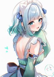 Rule 34 | 1girl, absurdres, blue eyes, blush, detached sleeves, fang, gradient hair, green hair, hair ornament, heart, highres, indie virtual youtuber, looking at viewer, looking back, maid, maid headdress, maru ccy, mint fantome, multicolored hair, open mouth, short hair, simple background, skin fang, sleeves past wrists, smile, solo, triangular headpiece, two side up, virtual youtuber, white background, white hair, white headdress, x hair ornament