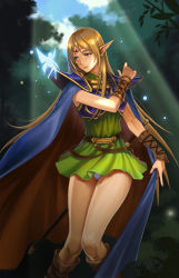 Rule 34 | 1girl, absurdres, blonde hair, boots, cape, circlet, deedlit, elf, fairy, forest, highres, knee boots, legs, long hair, nature, outdoors, panties, pointy ears, record of lodoss war, shoulder pads, sleeveless, solo focus, sword, tunic, underwear, weapon, white panties, why (whyminky), wrist cuffs