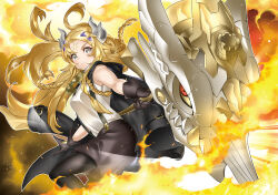 Rule 34 | 1girl, black jacket, blonde hair, braid, breasts, duel monster, ecclesia (yu-gi-oh!), facial mark, fire, forehead mark, goggles, goggles around neck, grey eyes, hammer, headgear, holding, holding hammer, holding weapon, huge weapon, incredible ecclesia the virtuous, jacket, long hair, medium breasts, pantyhose, pinko (pinkuroao), second-party source, shorts, solo, suspender shorts, suspenders, twin braids, war hammer, weapon, yu-gi-oh!