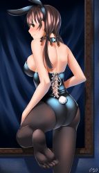 Rule 34 | 1girl, animal ears, ass, black leotard, black pantyhose, blush, breasts, brown eyes, brown hair, fake animal ears, fake tail, feet, female focus, from behind, gertrud barkhorn, highres, hiroshi (hunter-of-kct), large breasts, leotard, looking at viewer, looking back, pantyhose, playboy bunny, rabbit ears, rabbit tail, shoulder blades, sideboob, soles, solo, strike witches, tail, twintails, world witches series