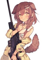 Rule 34 | 1girl, :3, animal ears, blush, bone hair ornament, bone print, braid, brown eyes, brown hair, collar, commentary request, dog ears, dog girl, dog tail, eip (pepai), fang, gun, hair ornament, highres, hololive, inugami korone, inugami korone (1st costume), long hair, multiple ears, off shoulder, rifle, simple background, sniper rifle, solo, tail, twin braids, virtual youtuber, weapon, white background, wristband