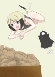 Rule 34 | 1girl, ass, blonde hair, blue eyes, bottomless, breasts, erica hartmann, heart, highres, lupin dive, military, military uniform, no panties, open mouth, panties, potato, simple background, small breasts, smile, solo, strike witches, tail, tail wagging, tank top, underwear, uniform, unworn panties, user jzf4657, white panties, world witches series, yellow background