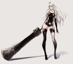 Rule 34 | 1girl, android, arm at side, armlet, bare shoulders, black gloves, black shorts, black thighhighs, blood, blood on clothes, blue eyes, breasts, broadsword, chain, chococuco, closed mouth, collarbone, elbow gloves, full body, garter straps, gloves, greatsword, green hair, hair between eyes, highres, holding, holding sword, holding weapon, huge weapon, joints, legs apart, lips, long hair, looking at viewer, medium breasts, mole, mole under mouth, nier:automata, nier (series), pink lips, robot joints, shadow, short shorts, shorts, silver hair, simple background, sleeveless, solo, standing, sword, tank top, thighhighs, weapon, a2 (nier:automata)