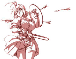 Rule 34 | 1girl, antenna hair, arrow (projectile), breasts, cleavage, commentary, cowboy shot, daniel fielding, english commentary, glasses, greyscale, holding, holding shield, holding sword, holding weapon, large breasts, miniskirt, monochrome, original, shield, skirt, solo, sword, weapon