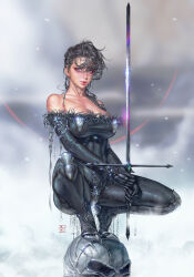 Rule 34 | 1girl, absurdres, artist name, bare shoulders, black bodysuit, black hair, blue gemstone, bodysuit, braid, breasts, chain, cleavage, closed mouth, commentary, cross, english commentary, eyeshadow, facial scar, fur trim, gem, green gemstone, grey eyes, hair between eyes, highres, holding, holding sword, holding weapon, kyu yong eom, large breasts, lips, long hair, looking at viewer, makeup, mole, mole above mouth, mole under eye, original, red eyeshadow, scar, scar on cheek, scar on chest, scar on face, scar on shoulder, single braid, solo, squatting, sword, weapon