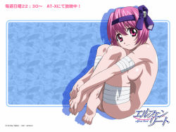 Rule 34 | 00s, 1girl, amputee, bandages, barefoot, breasts, elfen lied, feet, hairband, hands on feet, horns, hugging own legs, kishimoto seiji, nana (elfen lied), nude, official art, official wallpaper, pink eyes, pink hair, prosthesis, quadruple amputee, short hair, smile, solo, toes, wallpaper