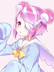 Rule 34 | 1girl, bandage over one eye, blue shirt, bow, character request, double bun, hair ornament, looking at viewer, multicolored hair, pink eyes, pink hair, sailor collar, school uniform, serafuku, shirt, short hair, shouni (sato3), sleeves past wrists, solo, two-tone hair, upper body, white background, white hair, white sailor collar, yellow bow