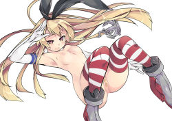 Rule 34 | 10s, 1girl, anchor, anus, bandaid, bandaid on pussy, blonde hair, blush, breasts, elbow gloves, gloves, hair ornament, hairband, kantai collection, long hair, nipples, nude, personification, shimakaze (kancolle), simple background, small breasts, solo, striped clothes, striped thighhighs, thighhighs, transpot nonoko, white background, white gloves