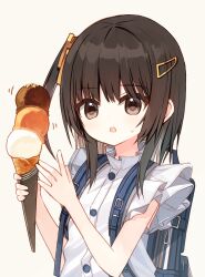 Rule 34 | 1girl, :o, absurdres, backpack, bag, bare arms, brown eyes, brown hair, food, grey background, hair ornament, hairclip, highres, holding, holding food, ice cream, ice cream cone, long hair, looking ahead, motion lines, one side up, original, parted lips, shiho (yuuhagi (amaretto-no-natsu)), shirt, simple background, solo, sweat, triple scoop, upper body, white shirt, yuuhagi (amaretto-no-natsu)