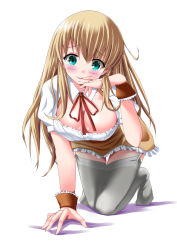Rule 34 | 10s, 1girl, all fours, bekki natsumi, blonde hair, blush, breasts, cleavage, detached sleeves, garter straps, green eyes, grey thighhighs, highres, kaze makase, large breasts, long hair, no-rin, simple background, solo, thighhighs, white background, wrist cuffs