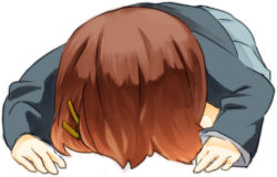 Rule 34 | 1girl, all fours, bowing, brown hair, dogeza, genuflecting, hirasawa yui, k-on!, kyuruko, prostration, school uniform, short hair, simple background, solo, white background