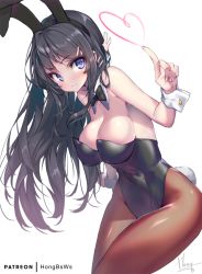 Rule 34 | 10s, 1girl, 3:, animal ears, bare shoulders, black hair, blue eyes, blush, bow, bowtie, breasts, brown pantyhose, cleavage, covered navel, cowboy shot, detached collar, fake animal ears, fingernails, hair ornament, hairband, hairclip, hong (white spider), index finger raised, large breasts, leotard, long fingernails, long hair, making-of available, pantyhose, playboy bunny, rabbit ears, rabbit tail, sakurajima mai, seishun buta yarou, sidelocks, simple background, solo, tail, white background, wrist cuffs