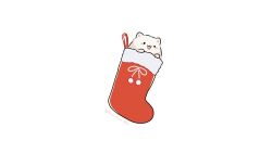 Rule 34 | :3, animal, animal focus, artist name, black eyes, blush stickers, christmas stocking, dog, fluffy, fuwa fuwa dog, in container, no humans, open mouth, original, simple background, solid circle eyes, solo, twitter username, white background