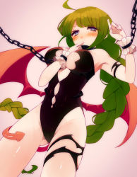Rule 34 | 10s, 1girl, ahoge, alternate costume, bad id, bad pixiv id, bare shoulders, bat wings, between breasts, blue eyes, blush, braid, breasts, chain, cuffs, demon girl, demon tail, female focus, finger in own mouth, green hair, halloween, halloween costume, highres, kantai collection, large breasts, long hair, looking at viewer, mole, mole under mouth, navel, pink background, sayori (oskn), shackles, simple background, single braid, solo, tail, underboob, very long hair, wings, wrist cuffs, yuugumo (kancolle)