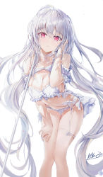 Rule 34 | 1girl, absurdres, age fx, ahoge, bare shoulders, bikini, breasts, cleavage, fate/grand order, fate (series), frilled bikini, frills, highres, lady avalon (fate), lady avalon (second ascension) (fate), large breasts, long hair, looking at viewer, merlin (fate/prototype), navel, purple eyes, simple background, solo, swimsuit, thighs, very long hair, white background, white bikini, white hair