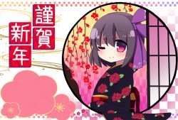 Rule 34 | 1girl, ;), black hair, black kimono, blush, bow, closed mouth, commentary request, floral print, flower, hair between eyes, hair bow, japanese clothes, kimono, long sleeves, obi, one eye closed, original, print kimono, purple bow, red eyes, red flower, rensei, round image, round window, sash, sleeves past wrists, smile, solo, window