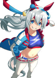Rule 34 | 1girl, animal ears, belt, blue belt, blue eyes, blue hairband, blue jacket, blue shirt, breasts, collarbone, commentary request, crop top, ear covers, ear ornament, fingerless gloves, floating hair, gloves, grey hair, grin, groin, hair between eyes, hairband, hand on own hip, hand up, headband, highres, horse ears, horse girl, horse tail, jacket, lightning bolt print, long hair, long sleeves, looking at viewer, midriff, navel, neokinayo, open clothes, open jacket, pants, partial commentary, red headband, shirt, sidelocks, simple background, small breasts, smile, solo, standing, tail, tamamo cross (umamusume), teeth, umamusume, white background, white gloves, white pants
