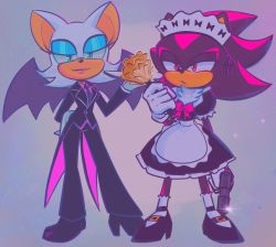 Rule 34 | 1boy, 1girl, apron, bat wings, black fur, blue eyes, coat, collared shirt, emily echevarria (frenchiefie), formal, furry, furry female, furry male, gloves, gun, half-closed eyes, hand on back, high heels, highres, lipstick, looking at viewer, maid, maid apron, maid headdress, makeup, multicolored fur, necktie, pants, plate, purple eyes, red eyes, red fur, ribbon, rouge the bat, shadow the hedgehog, shirt, shoes, smirk, socks, sonic (series), suit, weapon, white fur, wings