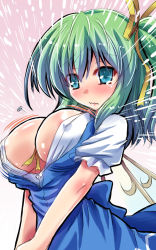 Rule 34 | 1girl, areola slip, between breasts, blue dress, blush, bouncing breasts, breasts, bursting breasts, covered erect nipples, daiyousei, dress, fairy wings, green eyes, green hair, hair ribbon, large breasts, matching hair/eyes, no bra, open clothes, open dress, open shirt, popped button, puffy short sleeves, puffy sleeves, ribbon, shirt, short sleeves, side ponytail, solo, tears, touhou, v arms, wardrobe malfunction, wavy mouth, wings, yamu (reverse noise)