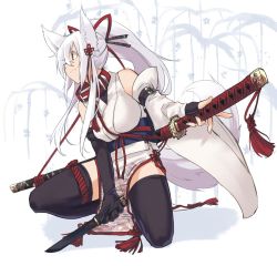 Rule 34 | 1girl, animal ears, bare shoulders, black thighhighs, breasts, collar, fox ears, fox tail, gloves, japanese clothes, katana, kneeling, large breasts, long hair, original, ponytail, sakura inu, short sword, solo, sword, tail, tantou, thighhighs, weapon, white hair, yellow eyes