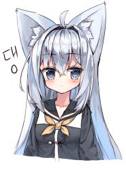 Rule 34 | 1girl, ahoge, animal ear fluff, animal ears, black jacket, blush, breasts, closed mouth, collarbone, commentary request, flower knot, fox ears, grey eyes, hair between eyes, hair intakes, highres, jacket, korean commentary, korean text, long hair, looking at viewer, neckerchief, original, sailor collar, silver hair, small breasts, solo, tandohark, upper body, very long hair, yellow neckerchief